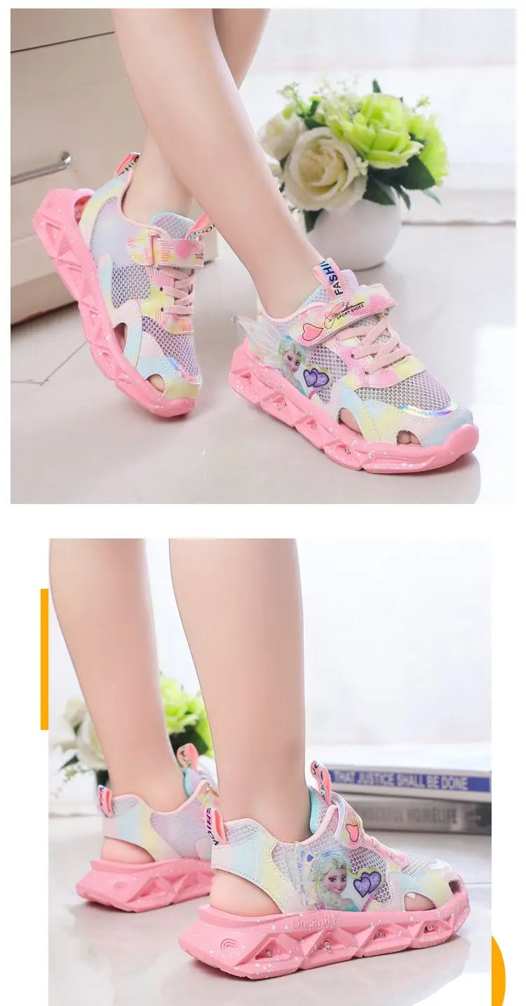 Disney Children's Sandals Women's Summer Girls' Sandals Led Lights Kids' Baby Princess Elsa Beach Pink Purple Shoes Size 22-37