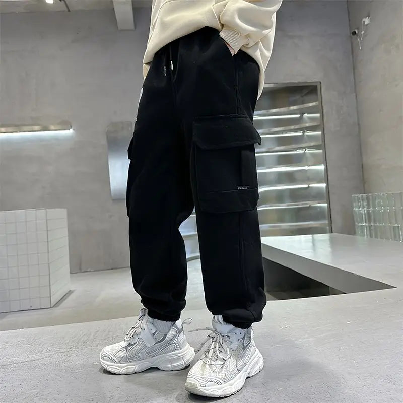 Boys Cargo Pants Spring Autumn Fleece-Lined Kids Casual Loose Long Pants Stylish Warmth Outdoor Playwear