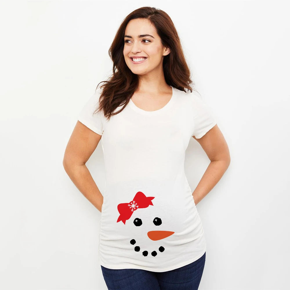 Christmas Pregnant Women T-shirt Snowman Cartoon Printed T Shirt Pregnancy Announcement Clothes Maternity White Short Sleeve Top