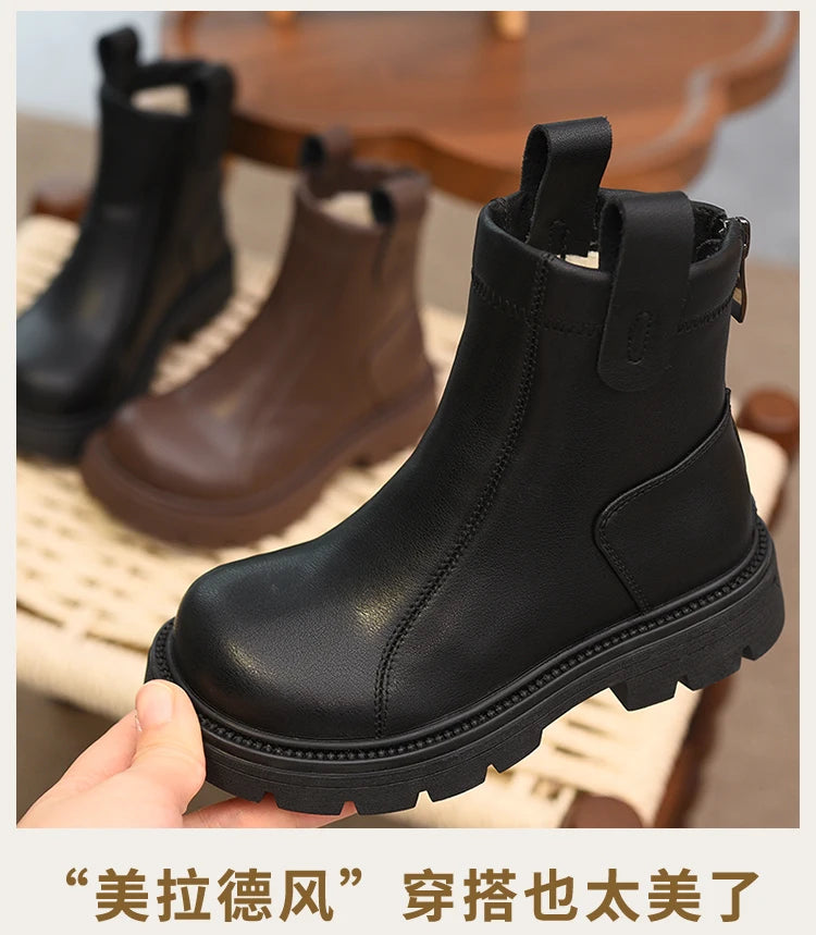 Girls' short boots, genuine leather, children's cotton boots, soft soled leather boots, children's shoes, 2025 autumn and winter