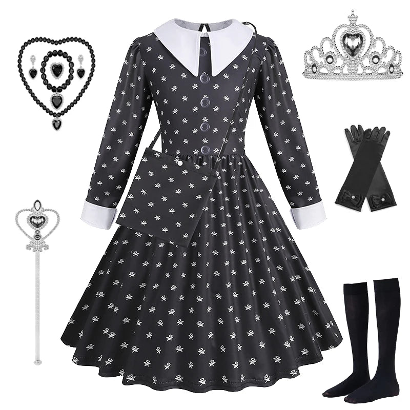 Girls Wednesday Black Gown Vestidos Halloween Addams Cosplay Toddler Youth Gothic Party Dress Kids Carnival Party Kid Vestidos