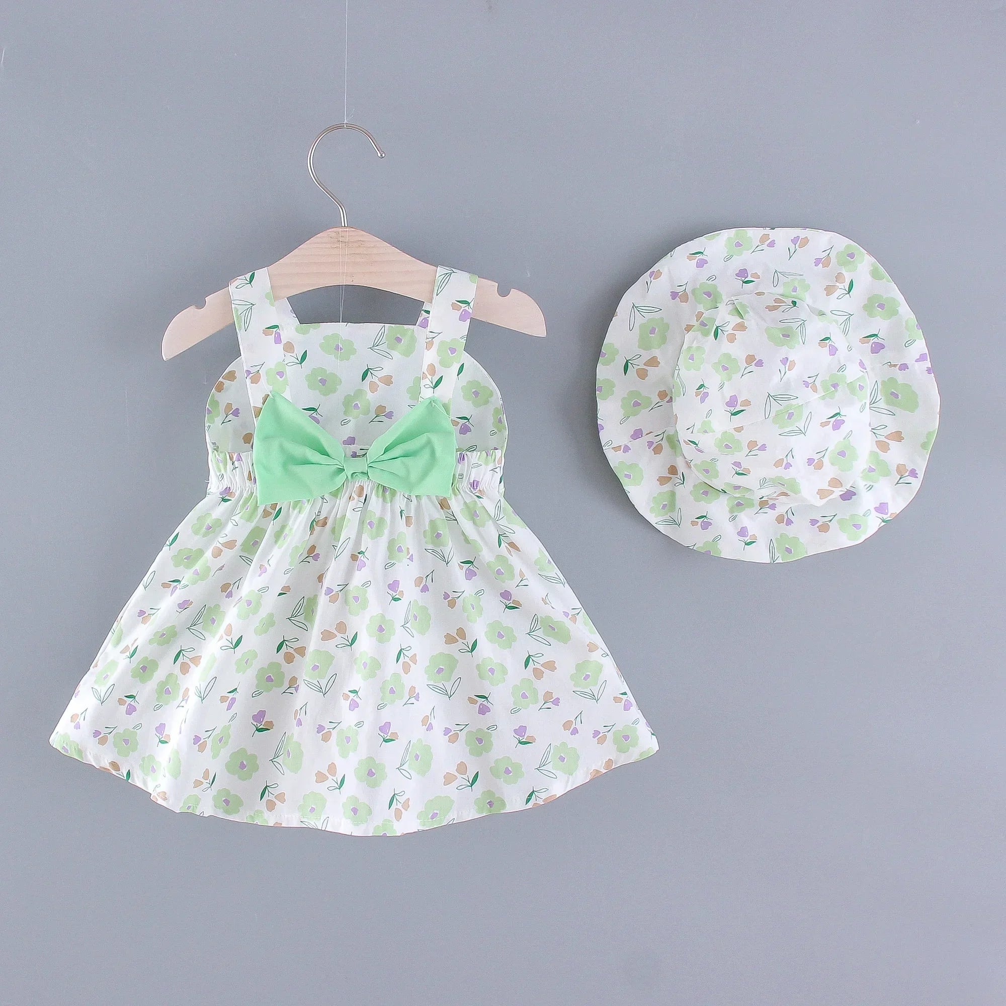 Girls' New Summer Dress Children's Small Flower Print Back Elastic Waist Solid Bow Princess Dress and Hat Two Piece Set
