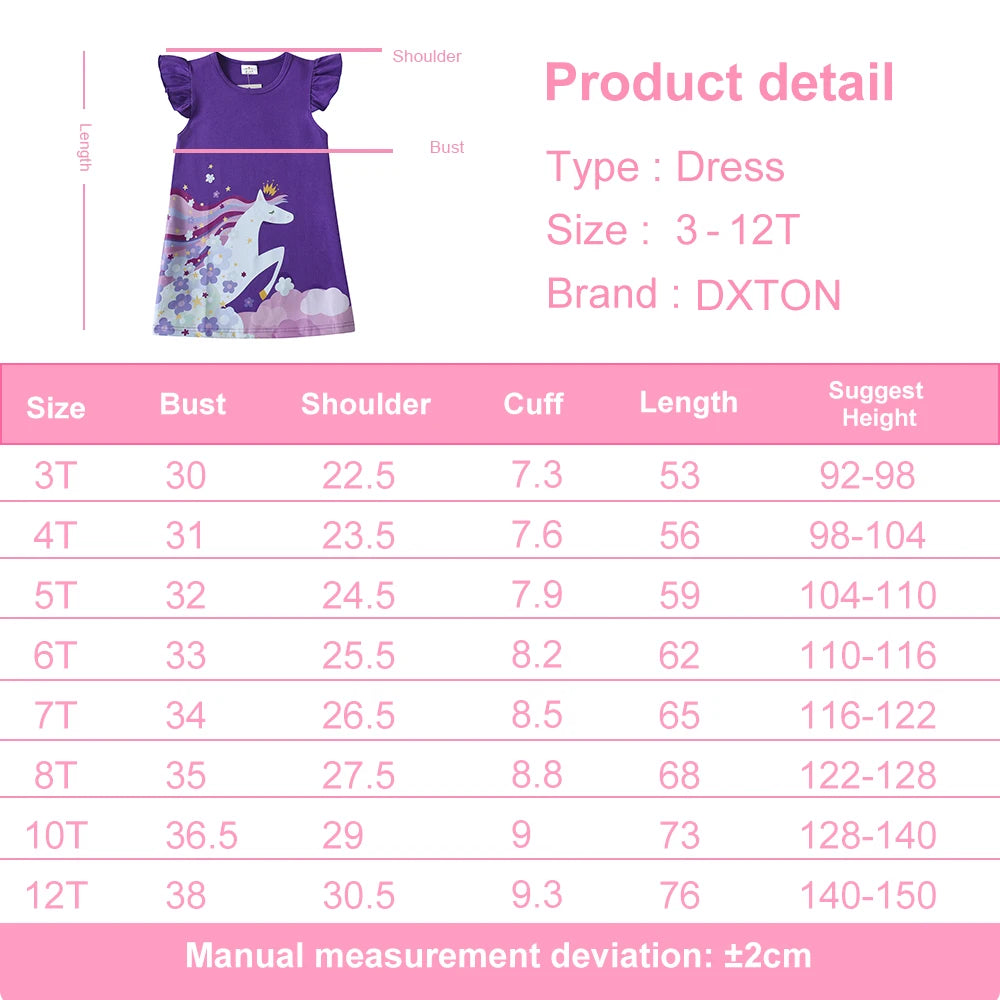 DXTON Cotton Children Dresses For Girls Floral Printed Princess Kids Dresses Unicorn Cartoon Toddlers Casual Summer Clothing