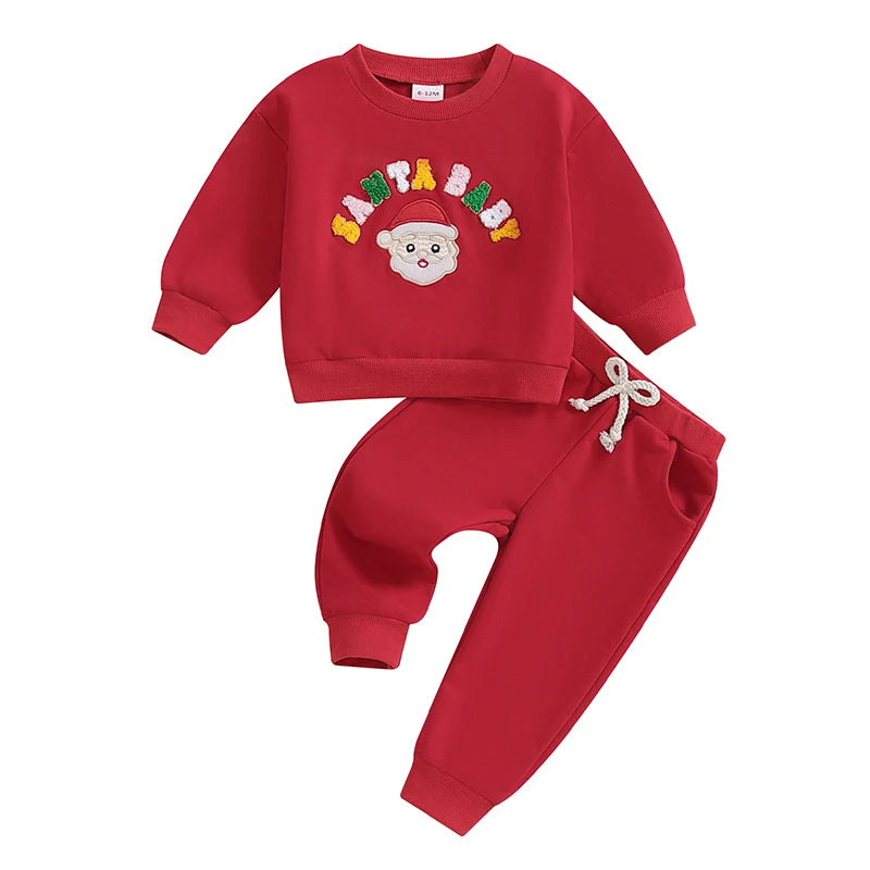 Toddler Boy Girl Winter Christmas Tree Print Long Sleeve Round Neck Sweatshirt and Pants Outfit Set with Letter Embroidery