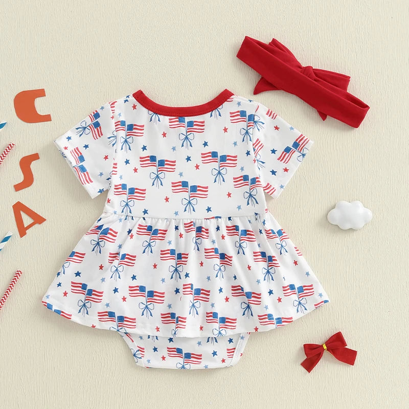 Infant Girls Patriotic Romper Dress with Bow Headband American Flag Print Short Sleeve Summer Outfit Jumpsuit for Independence