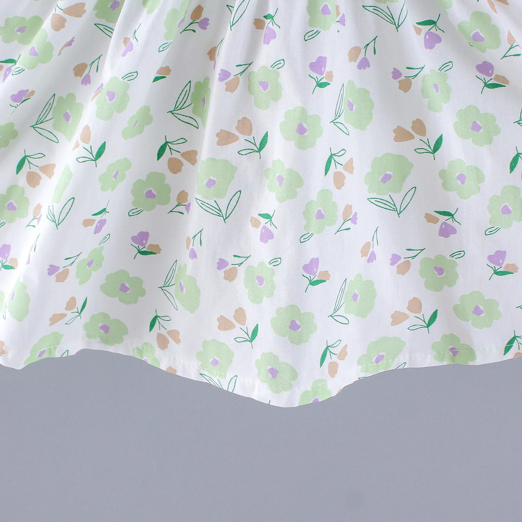 Girls' New Summer Dress Children's Small Flower Print Back Elastic Waist Solid Bow Princess Dress and Hat Two Piece Set