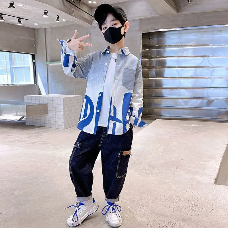 2025 Trendy Tween Boys Gradient Shirt Spring Autumn Summer Kids Clothing Hot Sale Unique Fashion Design
