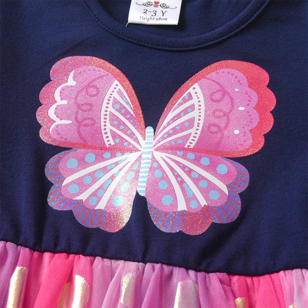 VIKITA Toddlers Polka Dot Colorful Butterfly Ruffled Sleeved Dress Kids Gradient Pink Mesh Tulle Princess Birthday Party Frocks