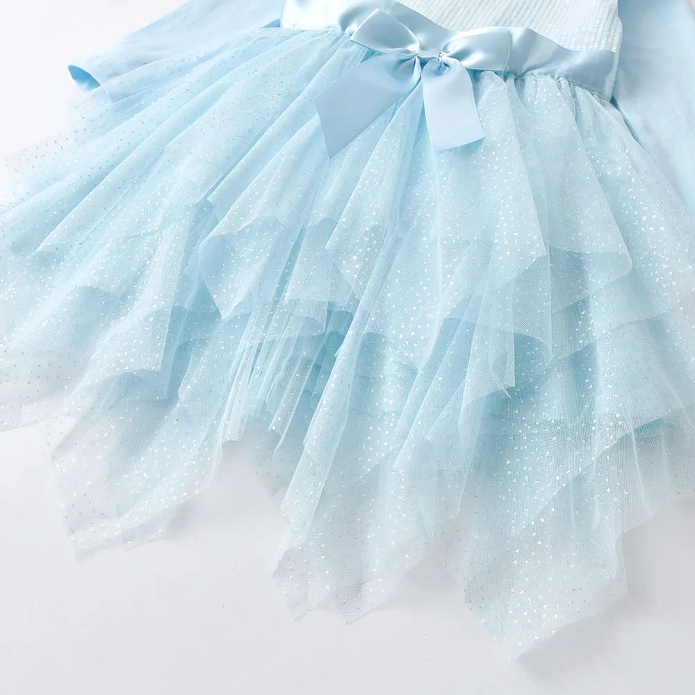 Girls Sparkly Light Blue Long Sleeve Autumn Spring Dress Toddlers Sequins Glittery Irregular Layered Tutu Princess Party Dresses