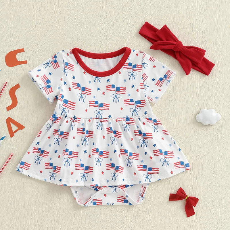 Infant Girls Patriotic Romper Dress with Bow Headband American Flag Print Short Sleeve Summer Outfit Jumpsuit for Independence