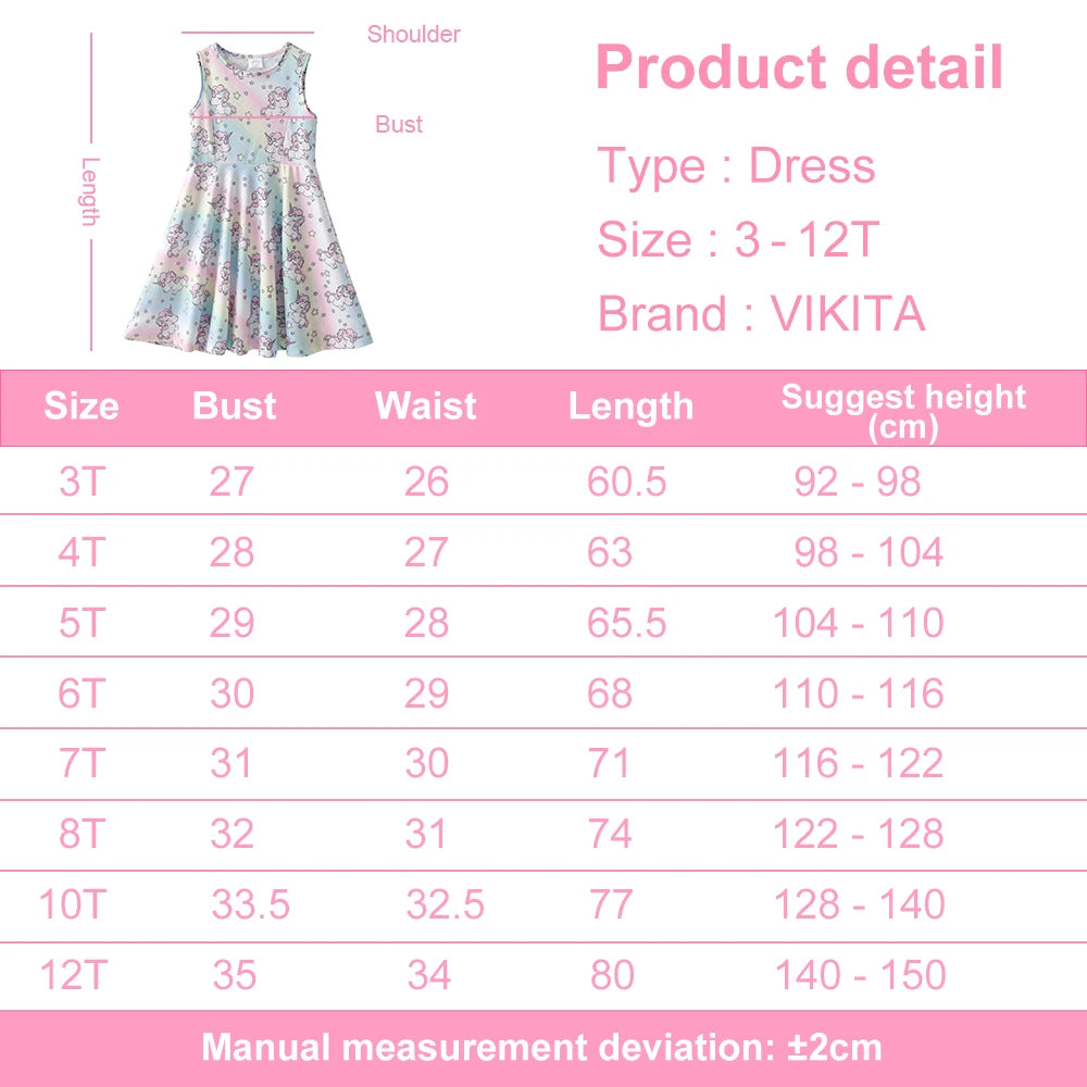 VIKITA Girls Licorne Rainbow Star Print Dress Kids Summer Sleeveless Polyester Beach Vacation Party Casual Princess Dresses