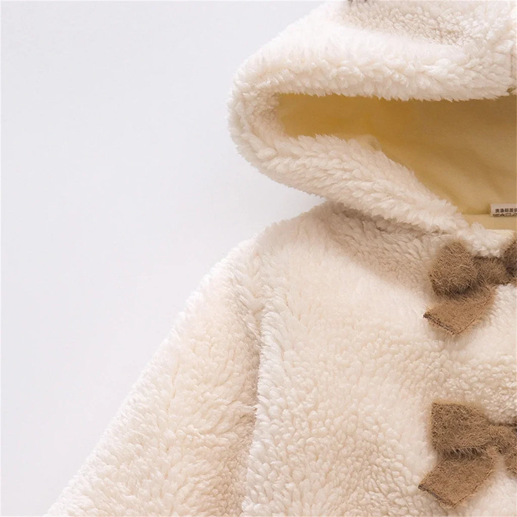 (0-3 Years Old Girls) Winter New Girls' Top Warm Furry Hat Bow Ribbon Warm Cute Hooded Bear Ears Long Sleeve Pocket