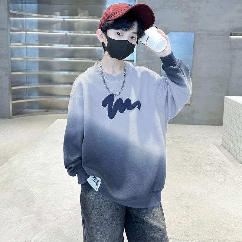 Boys' Medium-Large 2025 Autumn/Winter Trendy Fleece-Lined & Thickened Warm Loose Fit No Hood Sweatshirt