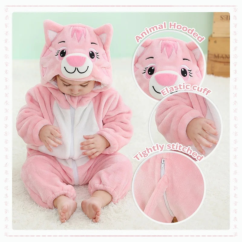 MICHLEY Halloween Costume Infant Baby Clothes Rompers Winter Flannel Hooded Bodysuits Pajamas Animals Overall Jumpsuit For Bebe