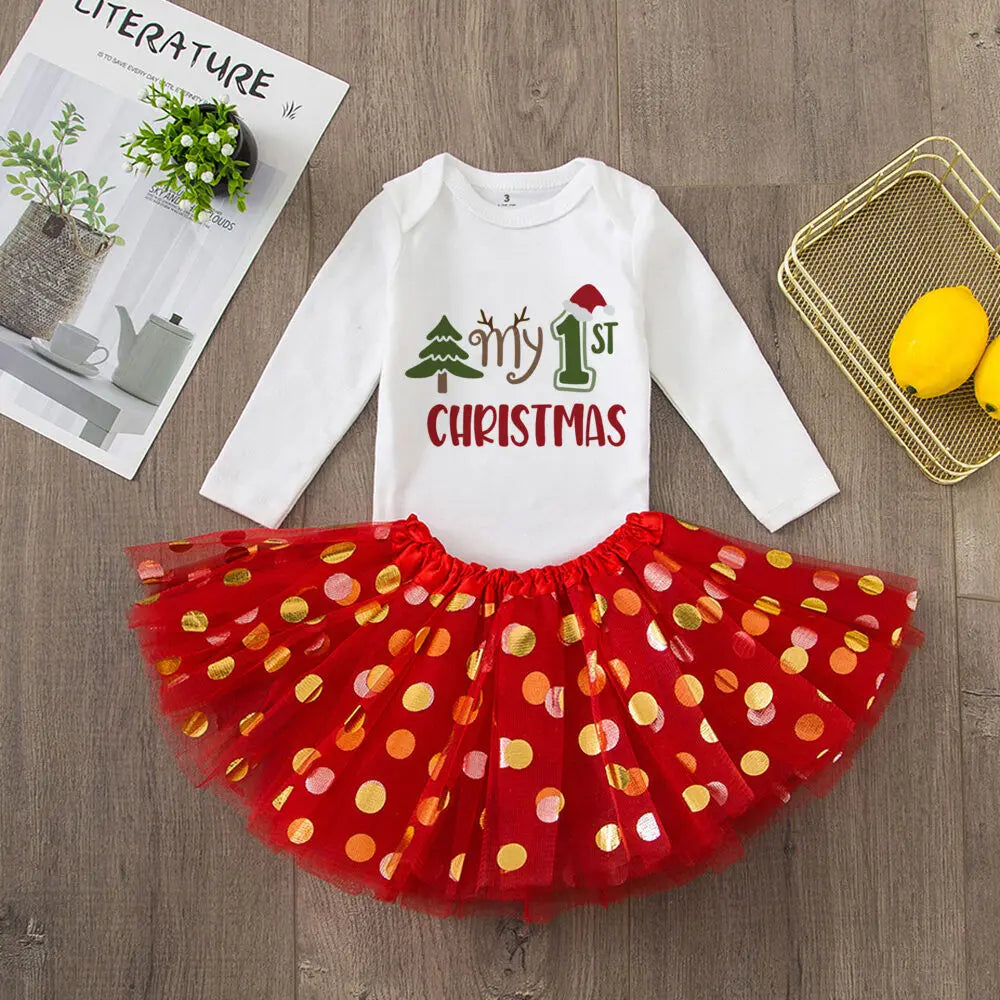My 1St Christmas Baby Bodysuit Cake Dresses Set Infant Girls Long Sleeve Playsuit Tutu Skirts Clothes Toddler Xmas Party Outfits