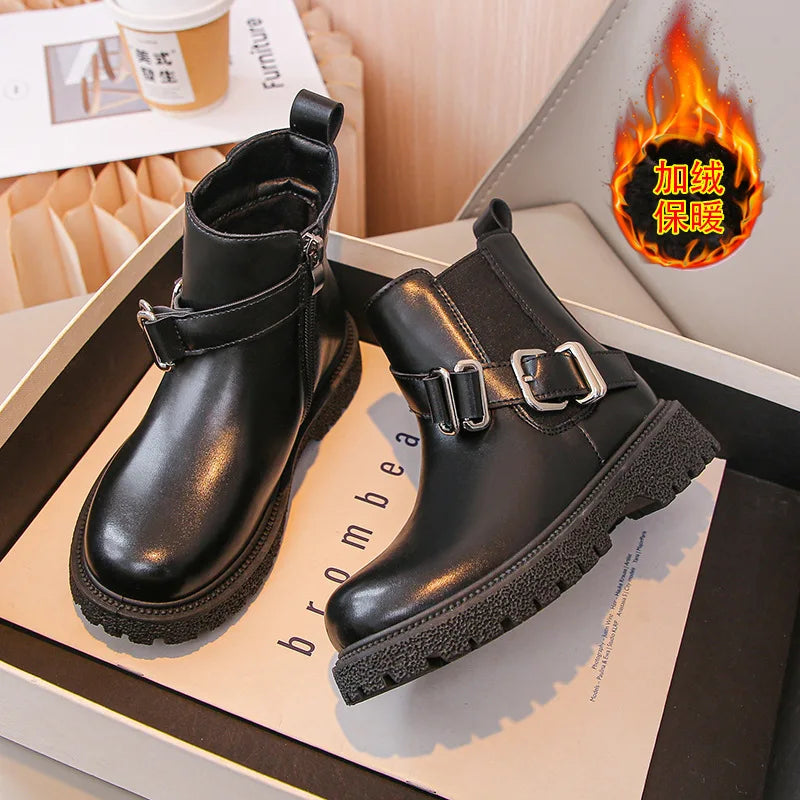 Kids'Casual Boots Mid-Calf Boots PU Leather  Winter Shoes For Girls Anti-slip Warm Thick Bottom Brown Black Shoes Size 26-37