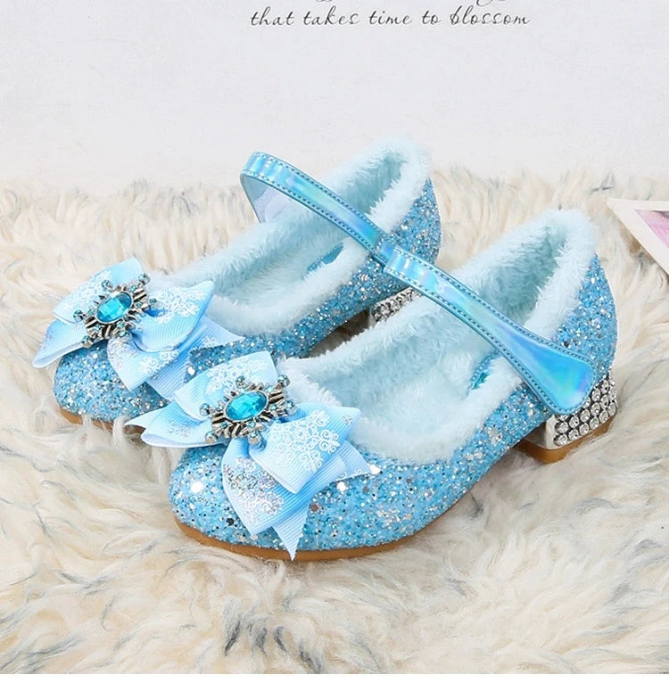 Disney Elsa Girls' High Heel Bowknot Blue Pink Fashion Children's Girl Crystal Princess Warm Winter Shoes Gift Size 23-36