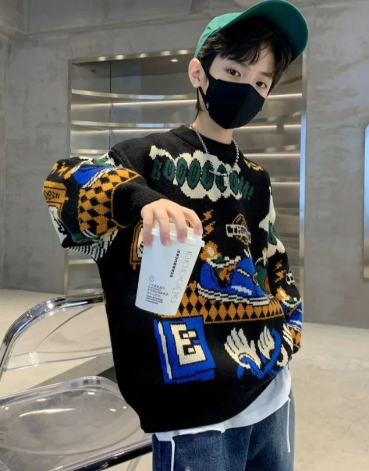 2025 New Boys' Autumn/Winter Fleece-Lined Thickened Pullover Knit Sweater - Warm Base Layer for Kids, Trendy & Cozy Design
