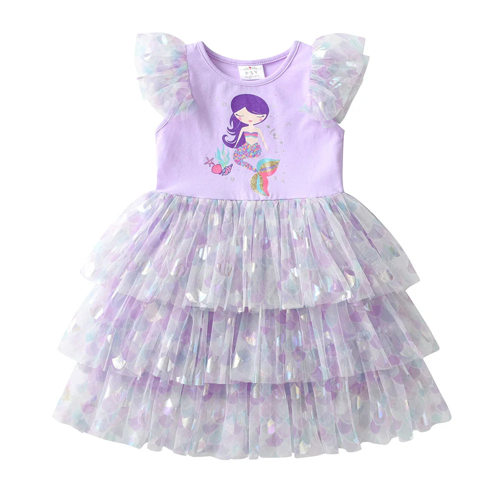 VIKITA Girls Lavender Mermaid Ruffles Tulle Mesh Flutter Sleeves Summer Dresses Girls Glittery Shiny Birthday Party Tutu Dresses