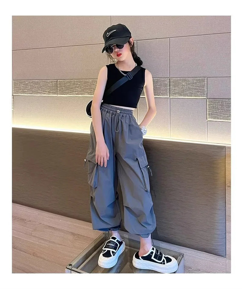Girls' High Waist Straight Trousers Kids Fashion Hip Hop Joggers Cargo Pants Children Cool Spring Autumn Drawstring Sweatpants