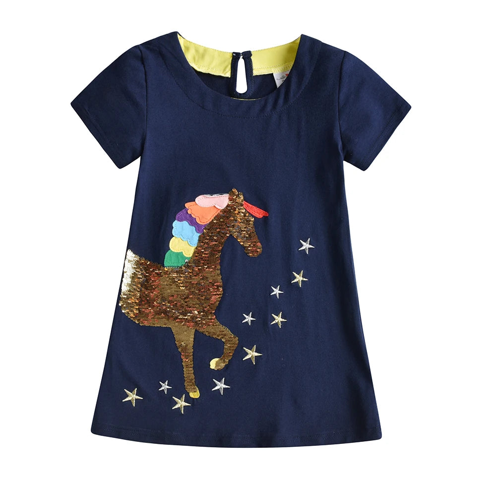 VIKITA Girls Summer Short Sleeve Straight Vestidos Kids Navy Blue Cotton Casual School Daily Licorne Sequined Appliqued Dresses