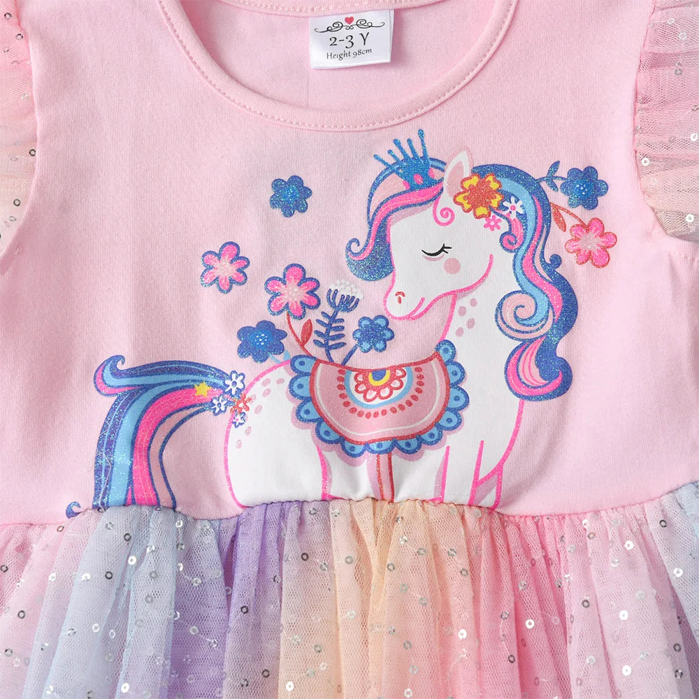 VIKITA Kids Flare Sleeve Summer Dress Girls Unicorn Flower Print Dresses Girls Pink Princess Birthday Party Gradient Cute Dress