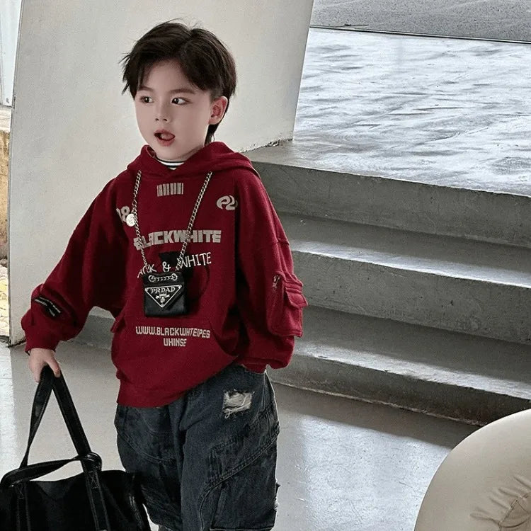 2025 New Boys' Korean-Style Printed Hooded Pullover Hoodie - Baby Autumn Winter Warm Long Sleeve Top