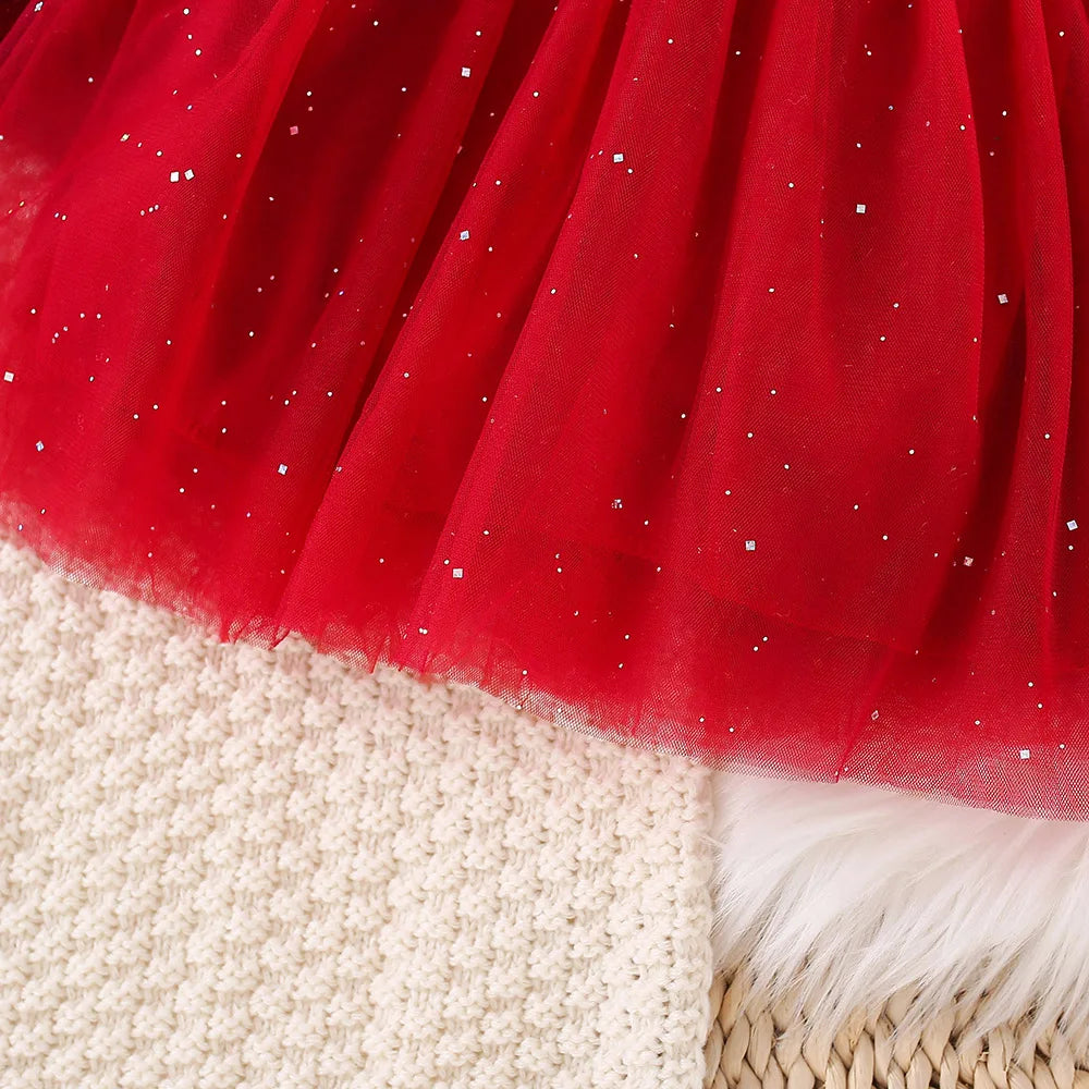 Autumn And Winter New Red Sequin Bow Baby Girl Dress, Princess Style Children'S Clothing With Free Sequin Pendant (0-3 Years)