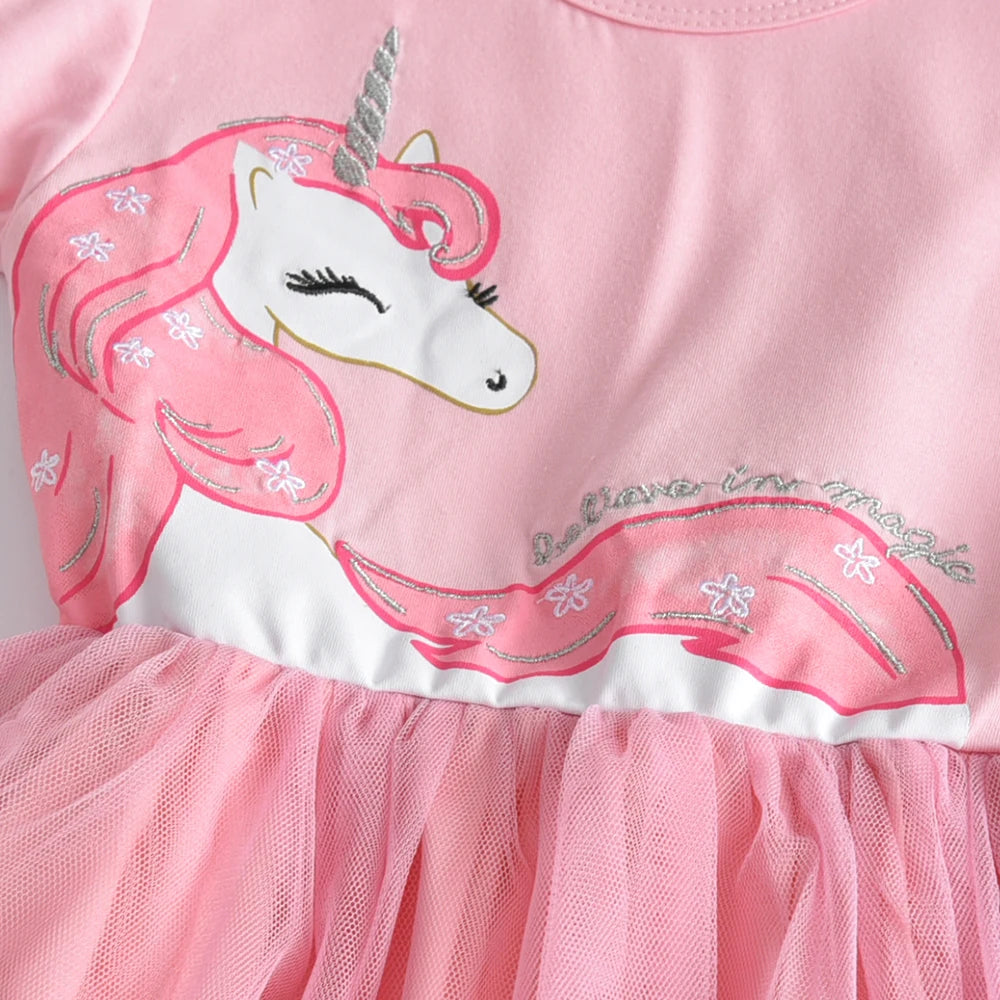 VIKITA Toddlers Pink Unicorn Appliqued Short Sleeve Summer Dress Kids Tulle Mesh Birthday Party Sweet Cute Elegant Prom Gown
