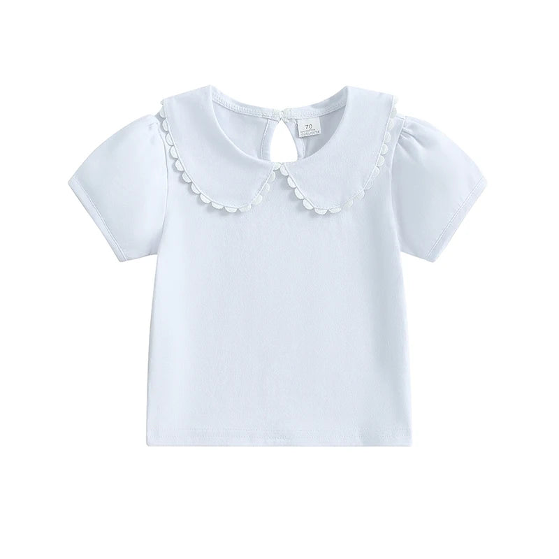 Adorable Baby Girl Summer T-Shirt with Cute Doll Collar and Stylish Contrast Color Short Sleeves for a Casual Look