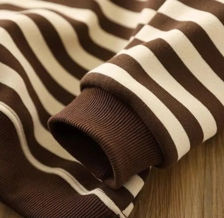 Boys' 2025 New Arrival No Hood Double Fleece-Lined Thickened Striped Crewneck Sweatshirt Autumn/Winter Trendy