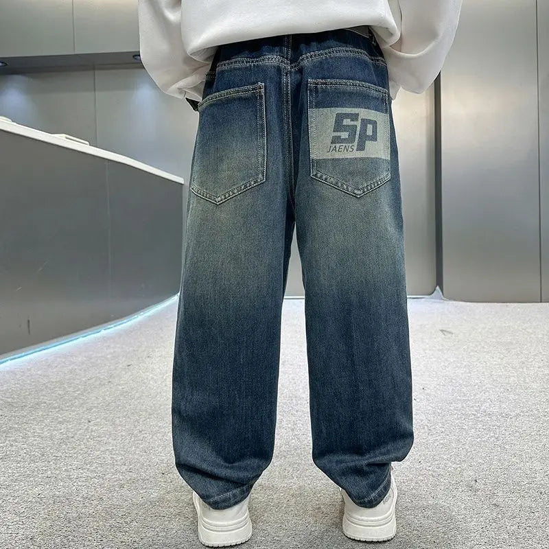 2025 New Korean Style Boys Jeans Spring Autumn Loose Fit Elastic Casual Kids Big Kids Fashion Trendy Jeans