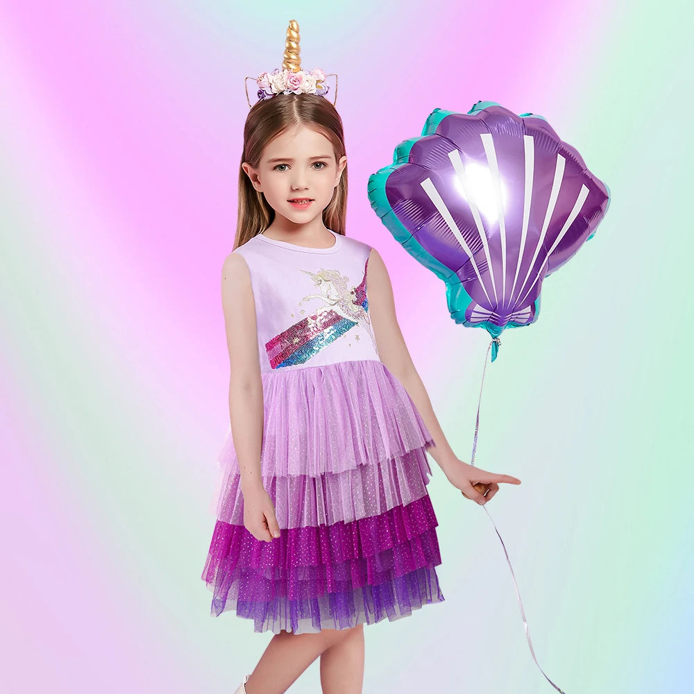 VIKITA Kids Sleeveless Dress Sequin Unicorn Rainbow Party Dress Layer Girls Tutu Dress Children Summer Casual Wear Kids Vestidos