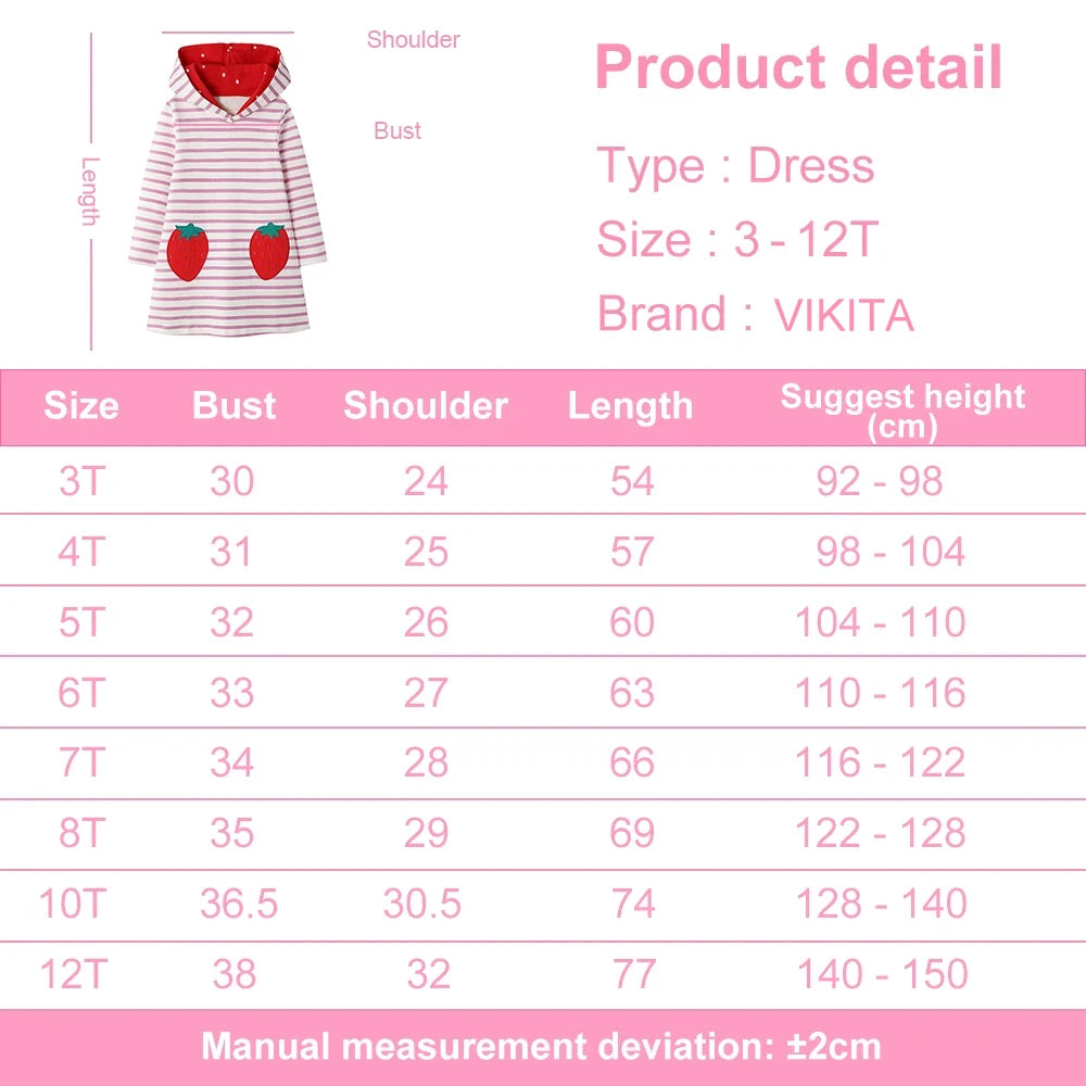VIKITA Girls Autumn Hoodies Strawberry Pink Striped Straight Dresses Kids Sports Street Fashion Casual Cotton Hoodies Dress