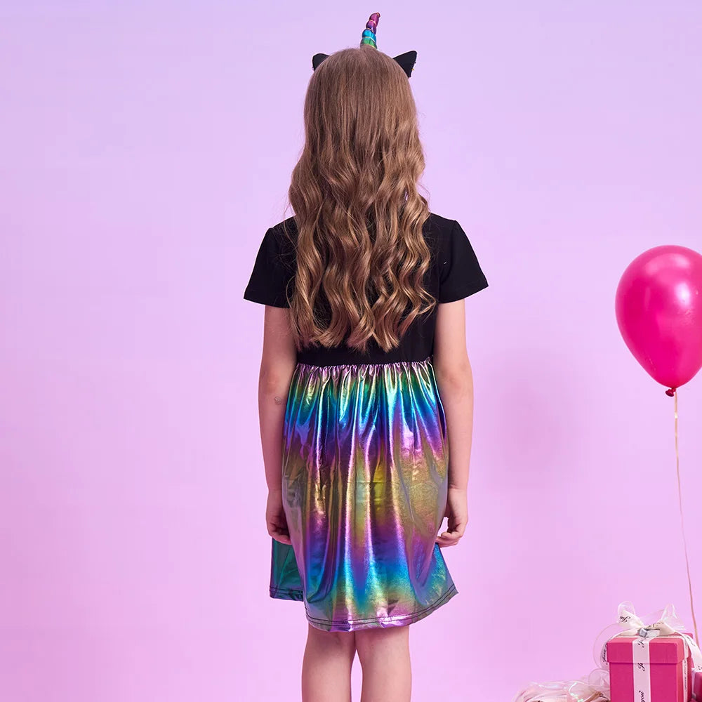 VIKITA Girls Unicorn Cartoon Dress Kids Short Sleeve Summer Dresses Girls Casual Shiny Patchwork Infantil Vestidos Kids Clothes