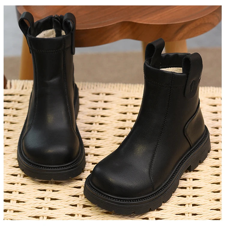 Girls' short boots, genuine leather, children's cotton boots, soft soled leather boots, children's shoes, 2025 autumn and winter