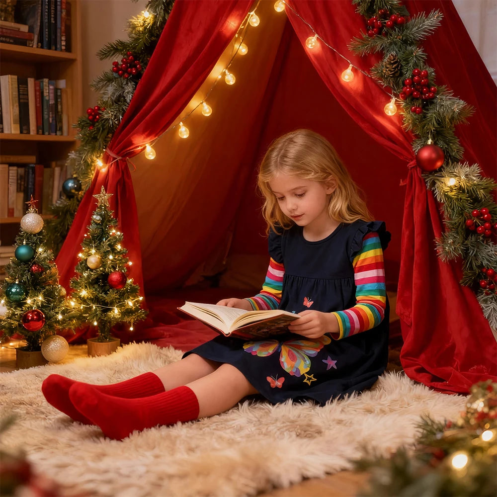 DXTON Children's Daily Dresses Cotton Toddler Casual Clothing Rainbow Long Sleeve Kids Dress Butterfly Vacation Girls Dress Wear