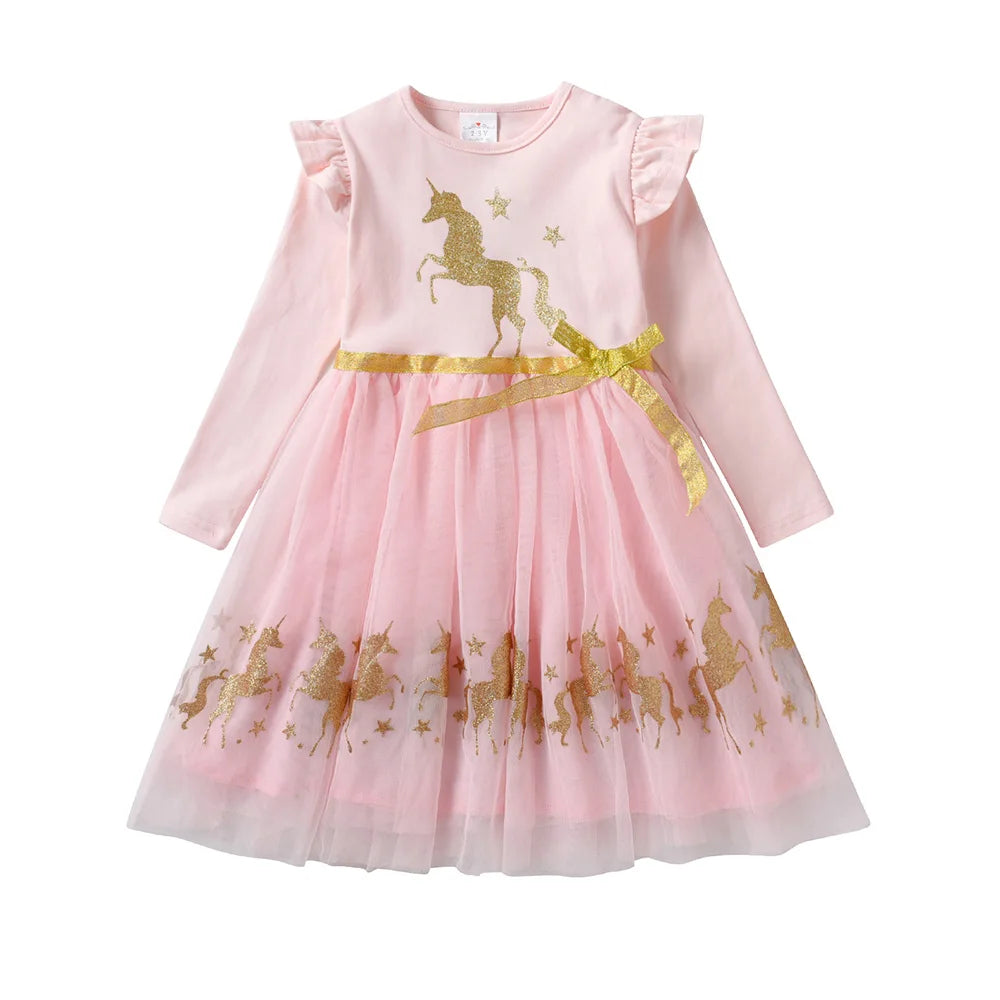 VIKITA Girls Pink Long Sleeve Dress with Glittery Golden Unicorn Kids Ruffled  Sleeve Tulle Mesh Skirt Princess Party Prom Gown