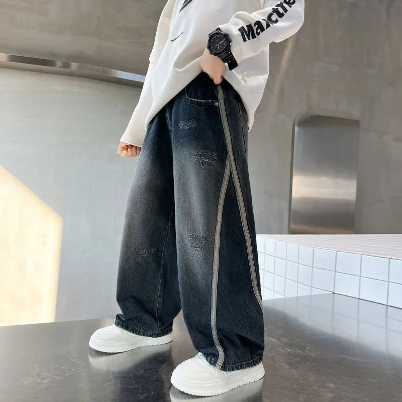 2025 New Boys Straight Jeans Big & Tall Kids Autumn Winter Denim Pants Boys Long Jeans