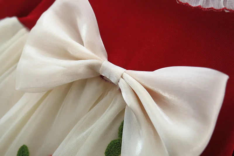 Autumn And Winter New Red Christmas Party Baby Girl Princess Dress, Sweet Bow Thickened Children'S Long Sleeved Clothes