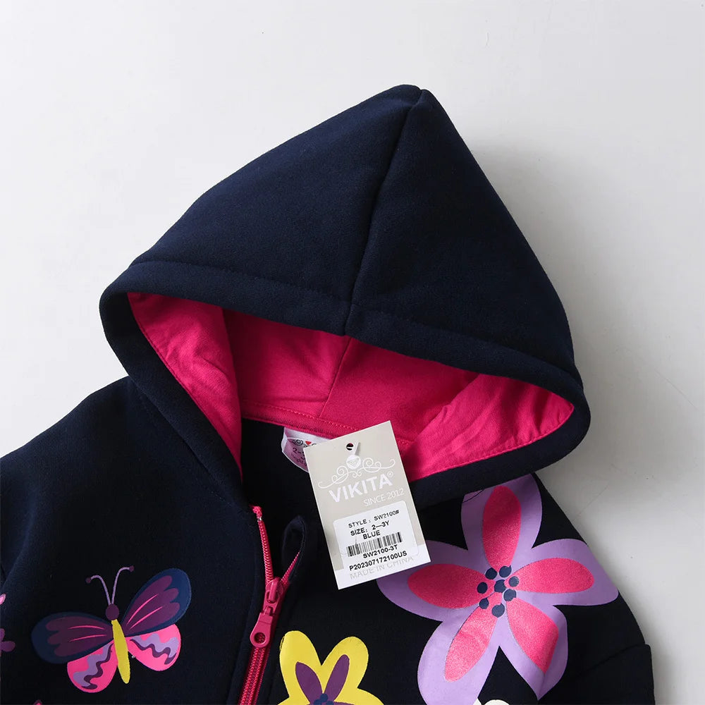 VIKITA Girls Autumn Winter Jacket Children Hooded Coats Girls Floral Print Zipper Outerwear Kids Cotton Casual Sports Jackets
