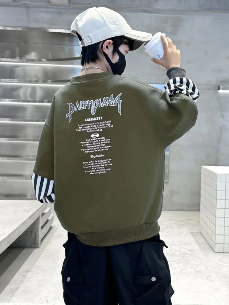 Boys' Medium-Large 2025 New Arrival No Hood Long Sleeve Fake Two-Piece Loose Fit Stylish Sweatshirt for Spring
