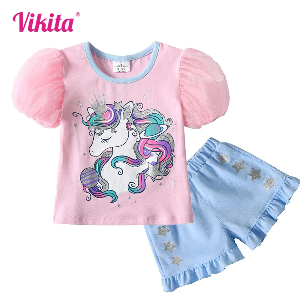 VIKITA Girls Clothing Sets for Summer Kids Unicorn Cartoon Print Short Sleeve Cotton T Shirt and Ruffles Shorts Pants 2 Pcs Suit
