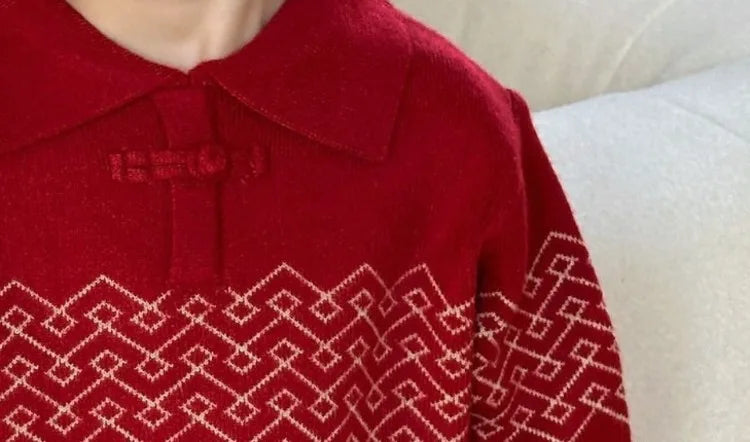 Boys' Red POLO Knit Sweater 2025 Autumn/Winter New Big Kids New Year Outfit Traditional Chinese Style Warmth Crossover Sweater