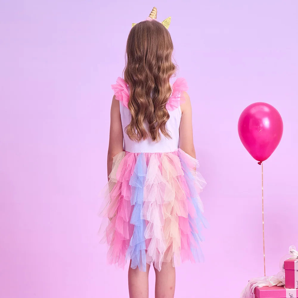 VIKITA Girls Tutu Dress Toddlers Summer Flare Sleeve Princess Dresses Girl Unicorn Cartoon Party Layered Dress Children Clothing