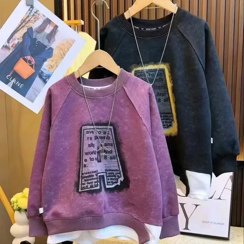 Boys' Medium-Large Spring Stylish Street-Style Letter Print Long Sleeve No Hood Sweatshirt