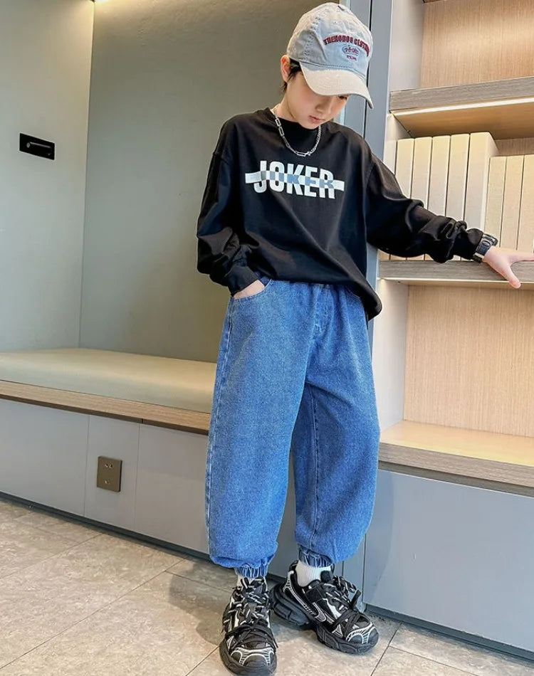 2025 New Boys' Denim Jeans Spring Autumn Kids Casual Sport Pants Long Korean Style Trendy Streetwear