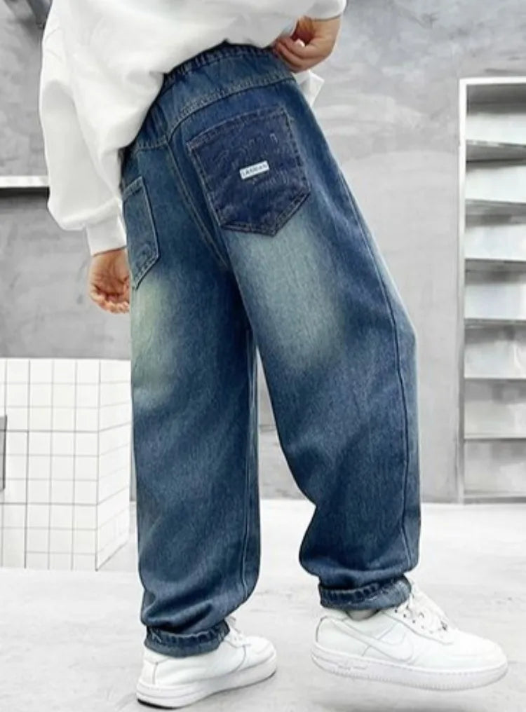 2025 New Boys' Loose Fit Jeans for Kids - Korean Style Washed Denim Long Pants, Trendy & Comfortable