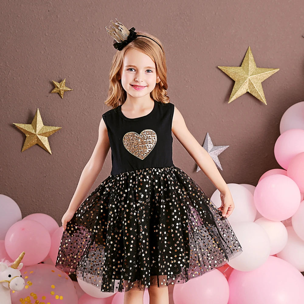 VIKITA Girls Starry Dress Kids Sequins Sleeveless Dresses Kids Elegant Cute Princess Tutu Vestidos Children Summer Tulle Dress