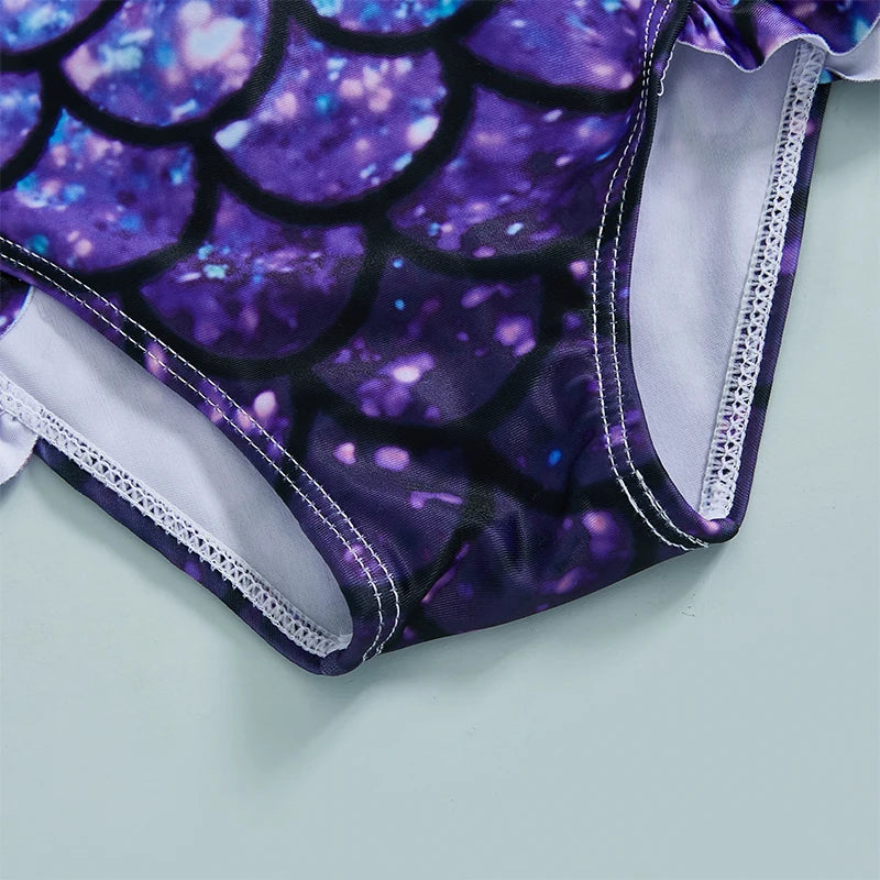 Mermaid Print  Swimsuit with Zipper Closure and Ruffled Mock Neck for Toddler Girls - UV Protection Rash Guard Bathing